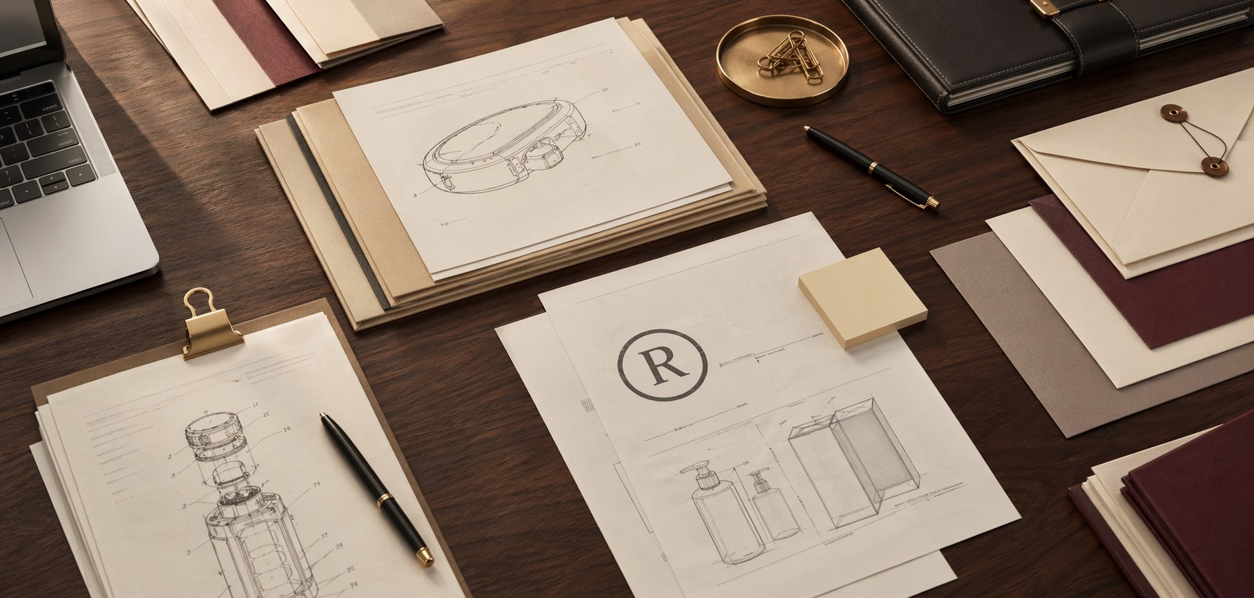 Design protection illustration with product sketches, design records, and filing materials