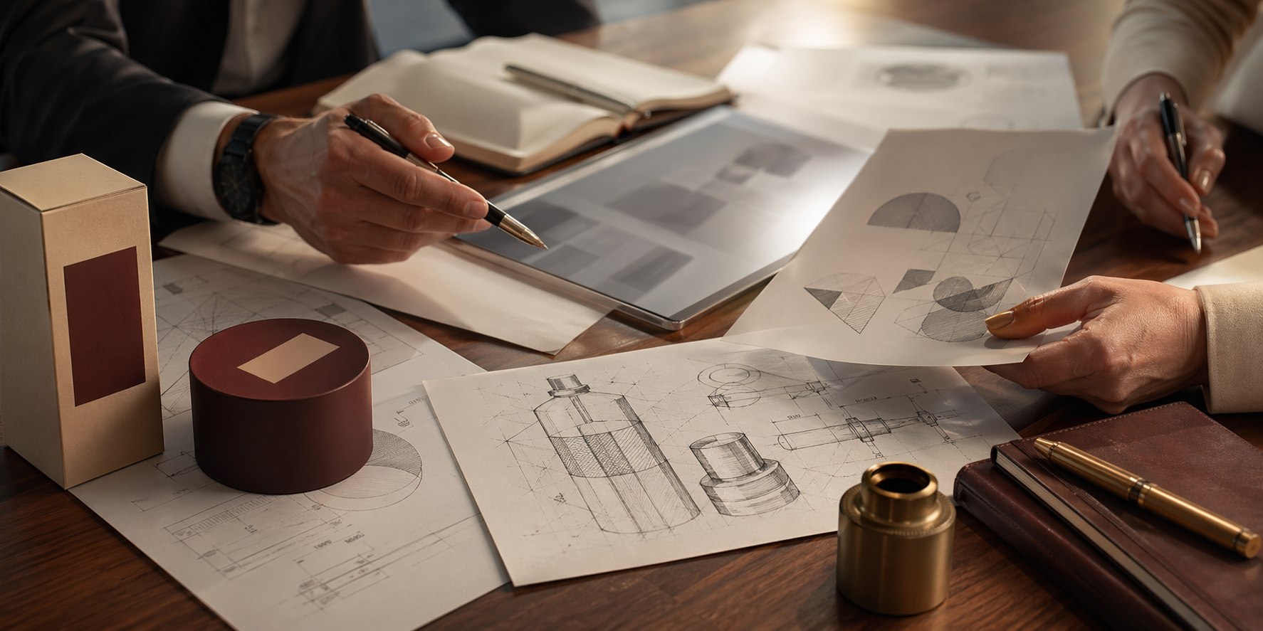 Trade mark strategy illustration with packaging, branding, and visual identity review materials